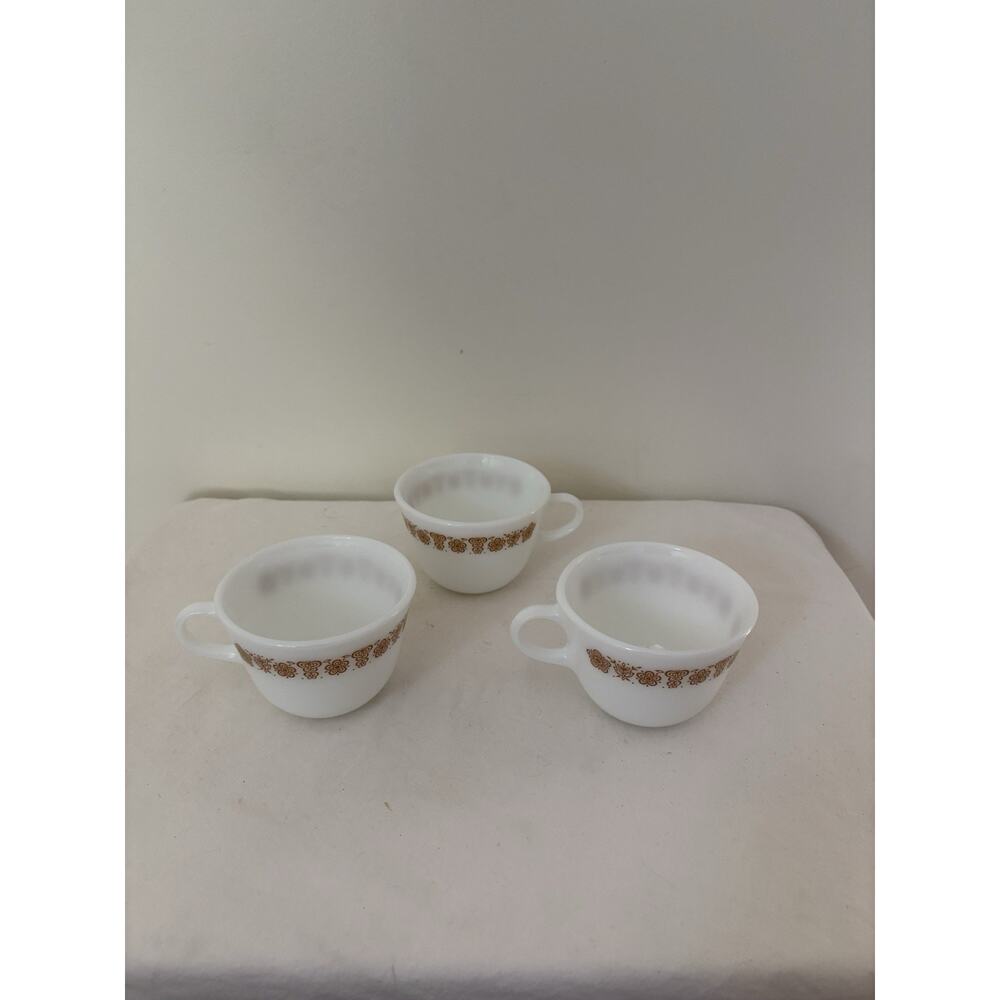 Vintage Pyrex Corelle Butterfly Gold Mugs White Milk Glass Coffee Tea Set of 3